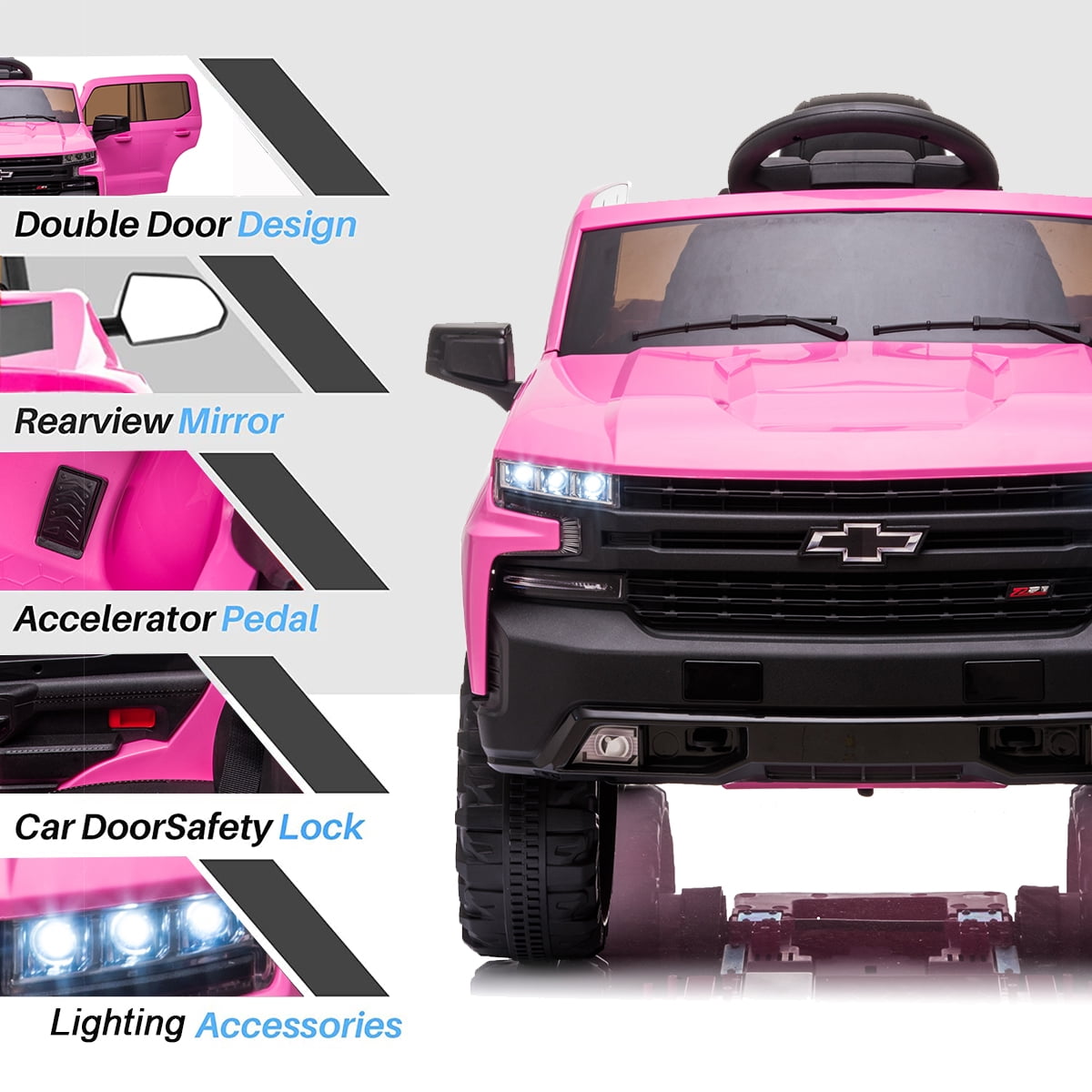 FUNTOK Licensed Chevrolet Silverado Kids Electric Ride on Toys,Battery Powered 12V Child Ride on Truck Car w/ Parent Remote Control and Storage Trunk, Pink