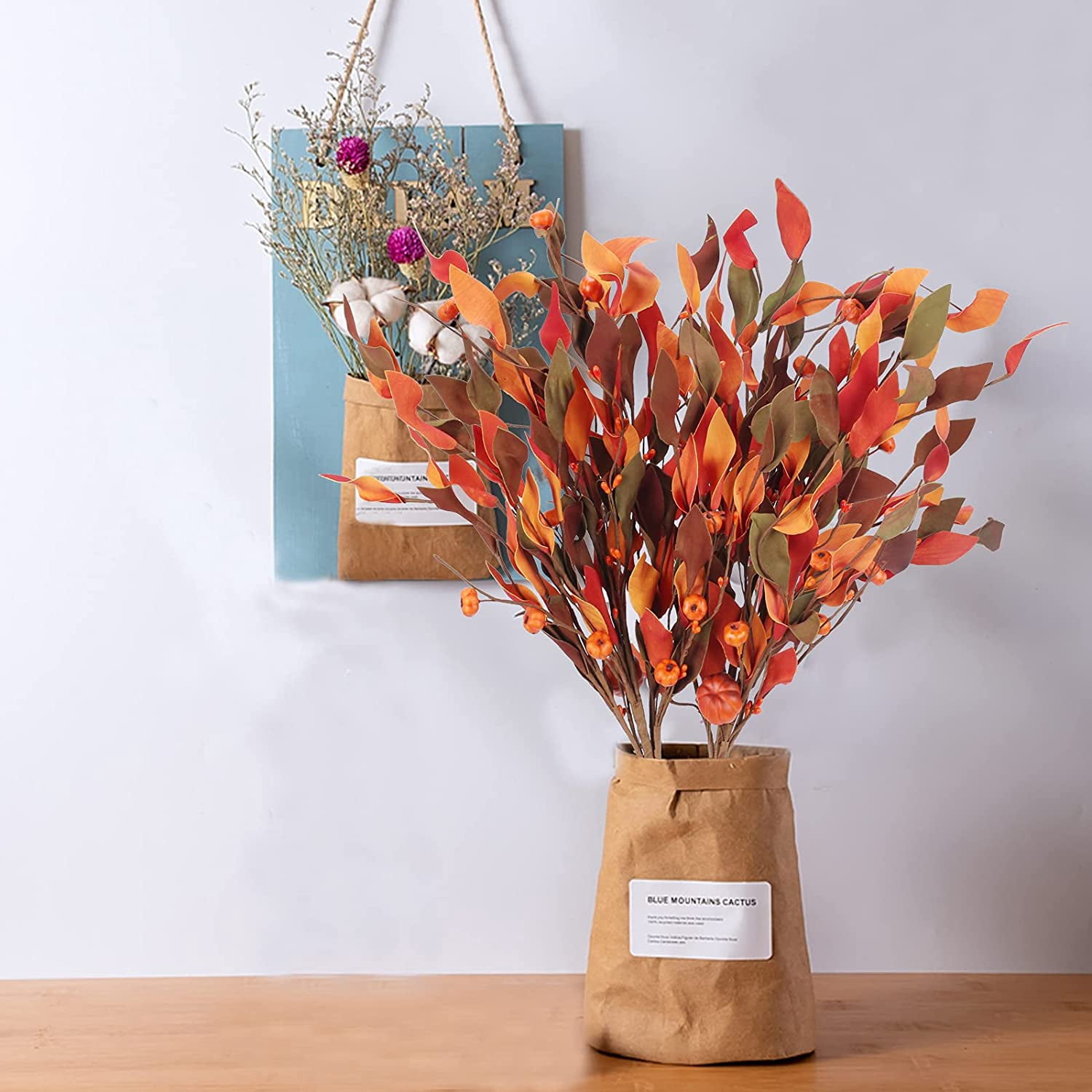 Artificial Fall Flowers Arrangement with Small Pumpkin Fake Autumn Leaves Fall Stems for Vase Dried Flowers Bouquet for Autumn Winter Home Kitchen Party Decoration