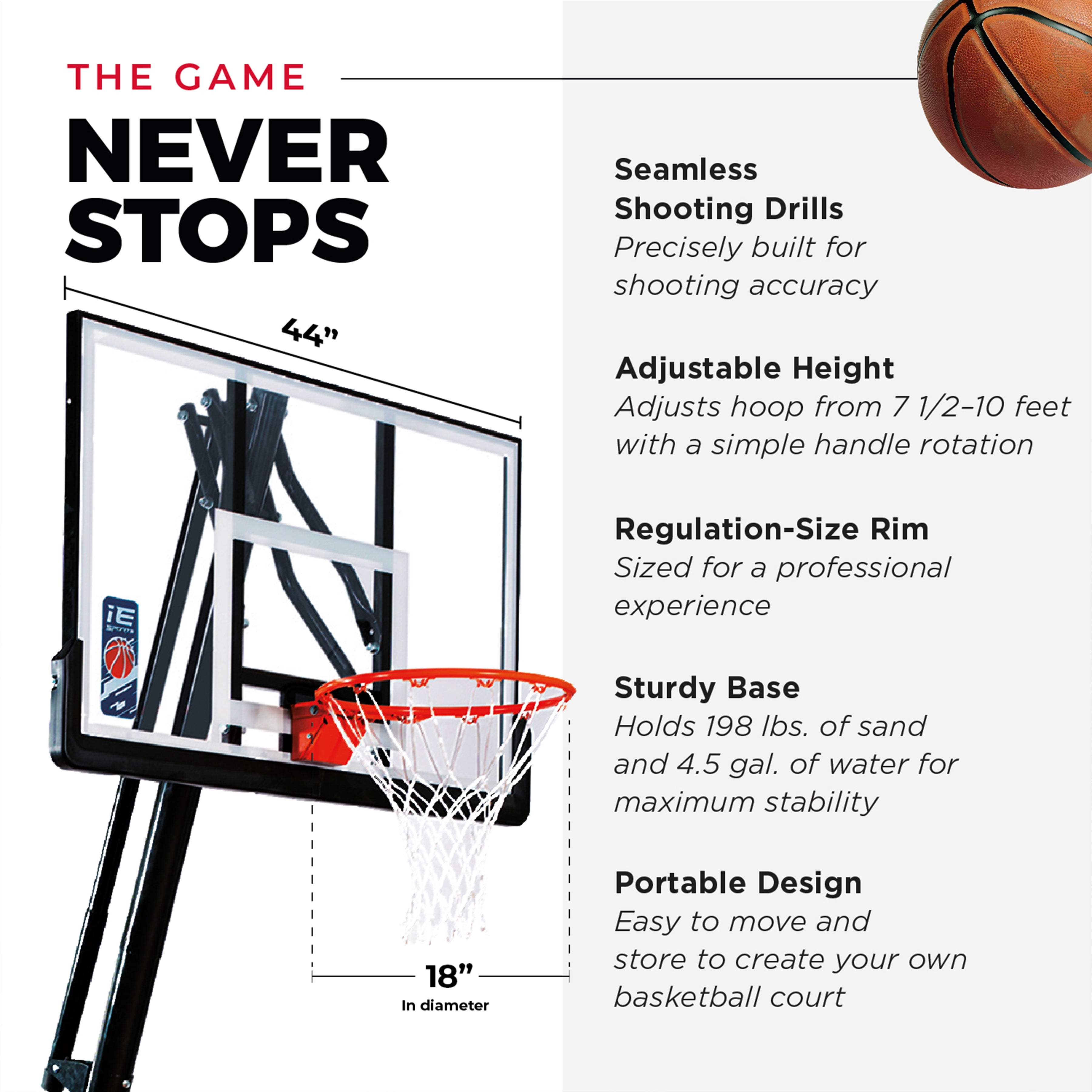 IE Sports Portable Height Adjustable Basketball Hoop w/44" Backboard & Base