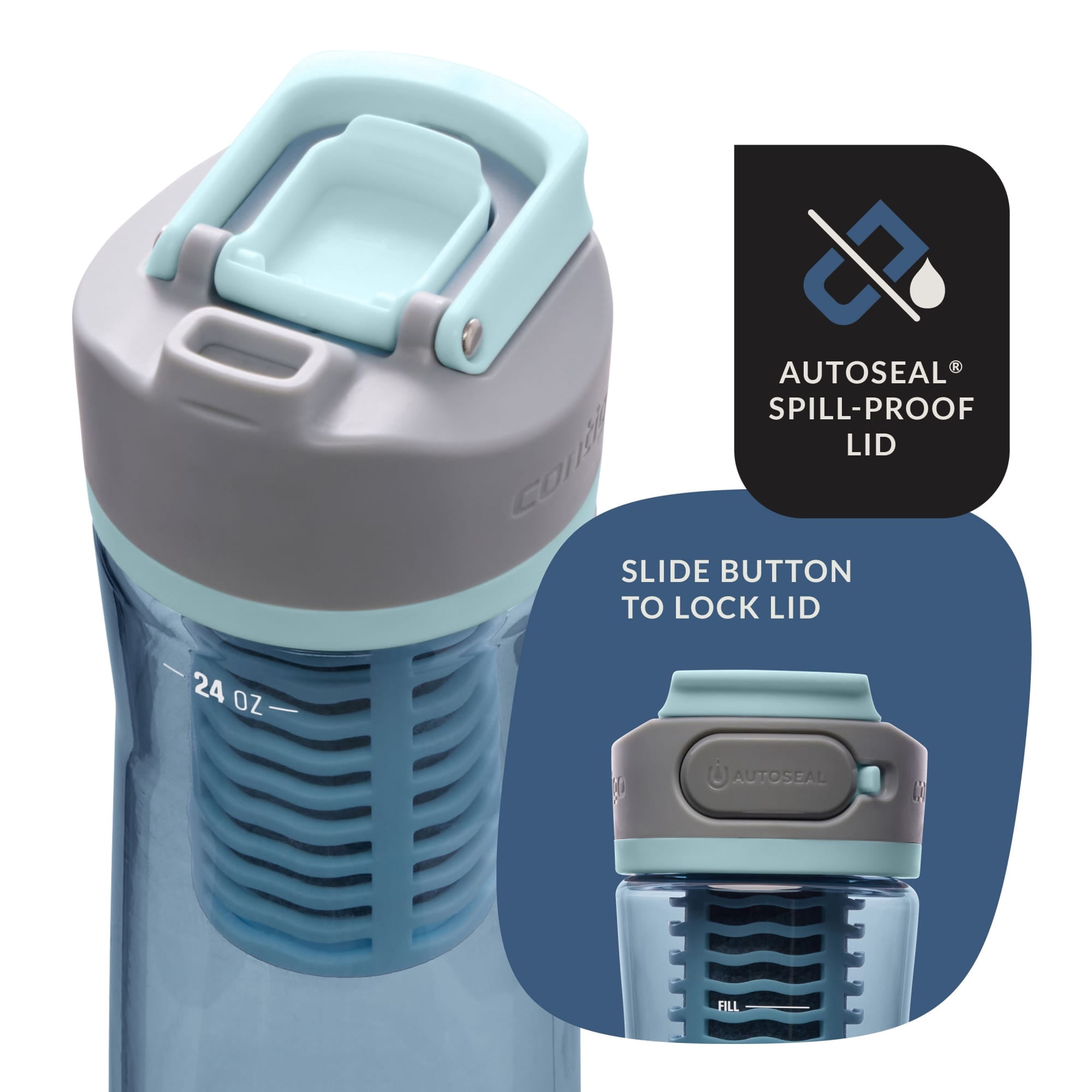 Contigo Clybourn Plastic FreeFlow Filter Water Bottle with AUTOSEAL Lid 24 oz., Dark Ice, with Replacable Filter