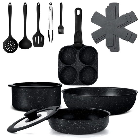 Vesteel 12Pcs Pots and Pans Set, Nonstick Cookware Set with Detachable Handle and Egg Frying Pan, Stackable RV Kitchen Cooking Utensils Set, Black