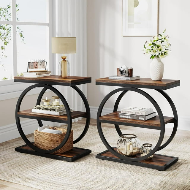 Narrow End Table with 3 Storage Shelves, Wood Side Table with Black Metal Frames