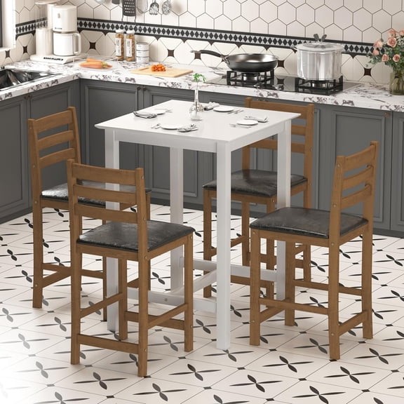 27.5 inch Bar Table and Chairs Set, Solid Wood Bar Height Pub Table and Chairs Set of 4, Counter Height Table Set, Square High Top Table and Chairs Set for Dining Room