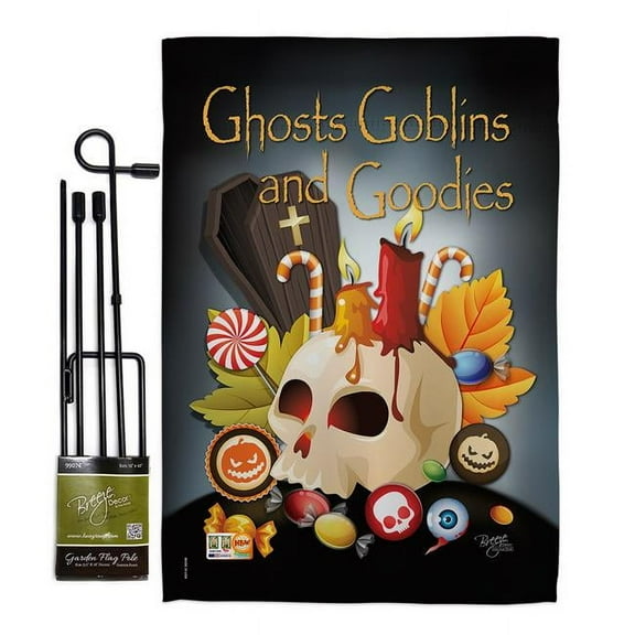 Breeze Decor BD-HO-GS-112007-IP-BO-D-US15-BD 13 x 18.5 in. Ghosts Goblins & Goodies Fall Halloween Vertical Double Sided Mini Garden Flag Set with Banner Pole