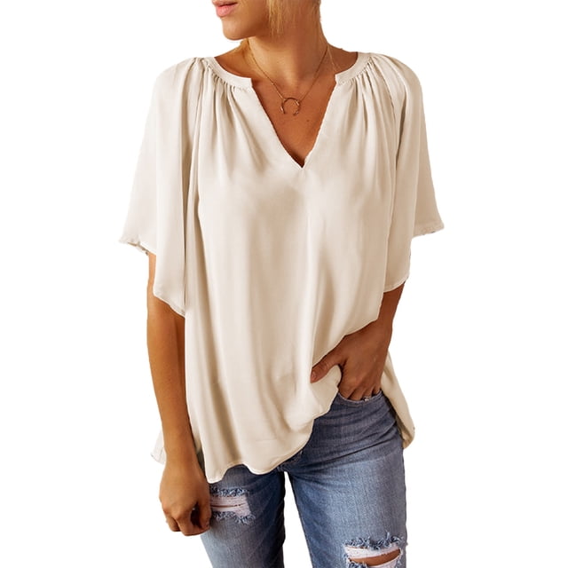 Blusa de manga corta con cuello en V, ajuste holgado, Color puro, suave, transpirable, Top informal para mujer para viajes diarios de trabajo