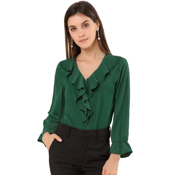 Blusa de gasa con cuello En V con volantes Allegra K campesina vintage Verde XS
