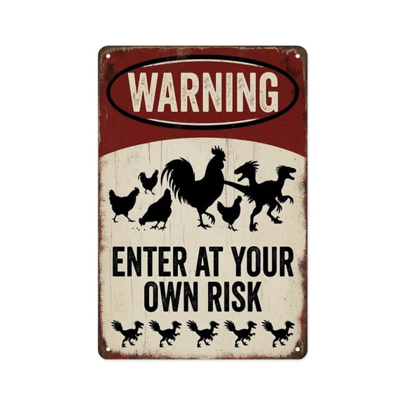 Warning Enter At Your Own Risk Funny Dinosaur & Chickens Metal Sign Metal Tin Sign Wall Decor Wall Art Vintage Room Decoration Tin Painting Poker Room Poster for Home Man Cave Bar Cafe Store Garage O