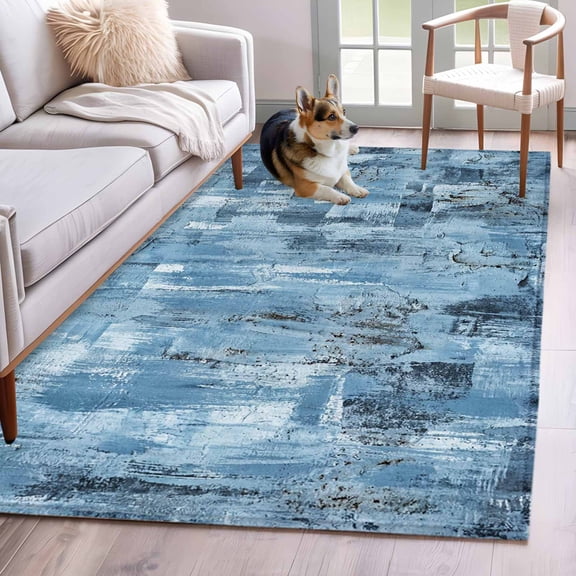 3'x5' Rug for Living Room Bedroom, Blue Abstract Washable Area Rugs Non-Slip Carpet Mats, Vintage Geometric Gradient Oil Painting Simple Indoor Low Pile Area Rug Runner for Kitchen, Mudroom