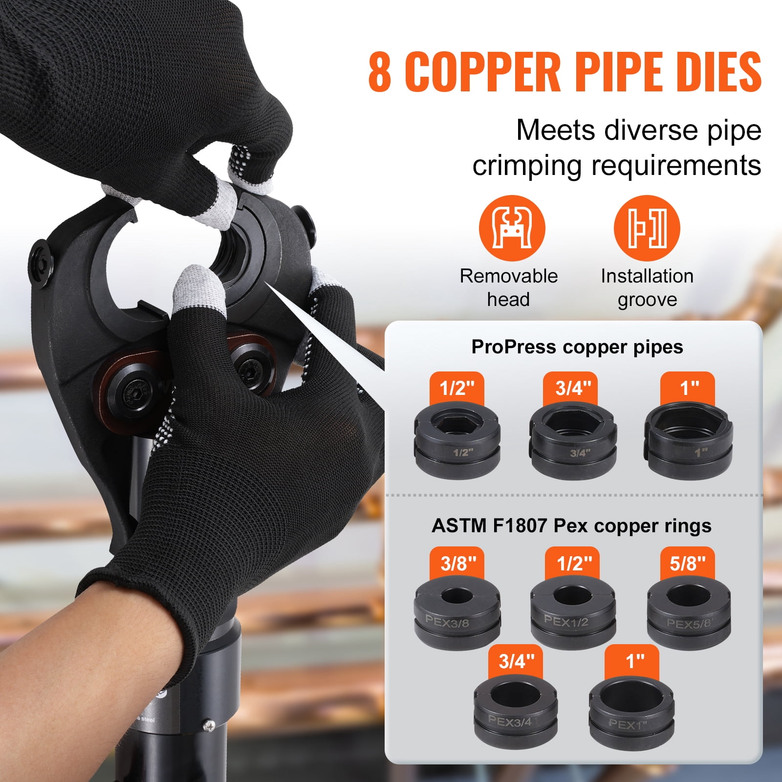 KFFKFF Hydraulic Copper Pipe Crimper, Press Tool with Jaws for 1/2", 3/4", 1" Copper Pipe and Jaws for 3/8", 1/2", 5/8", 3/4", 1" ASTM F1807 Pex Pipe Copper Ring