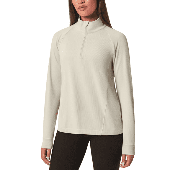 Mondetta Women's Ribbed Quarter-Zip Top Beige Small