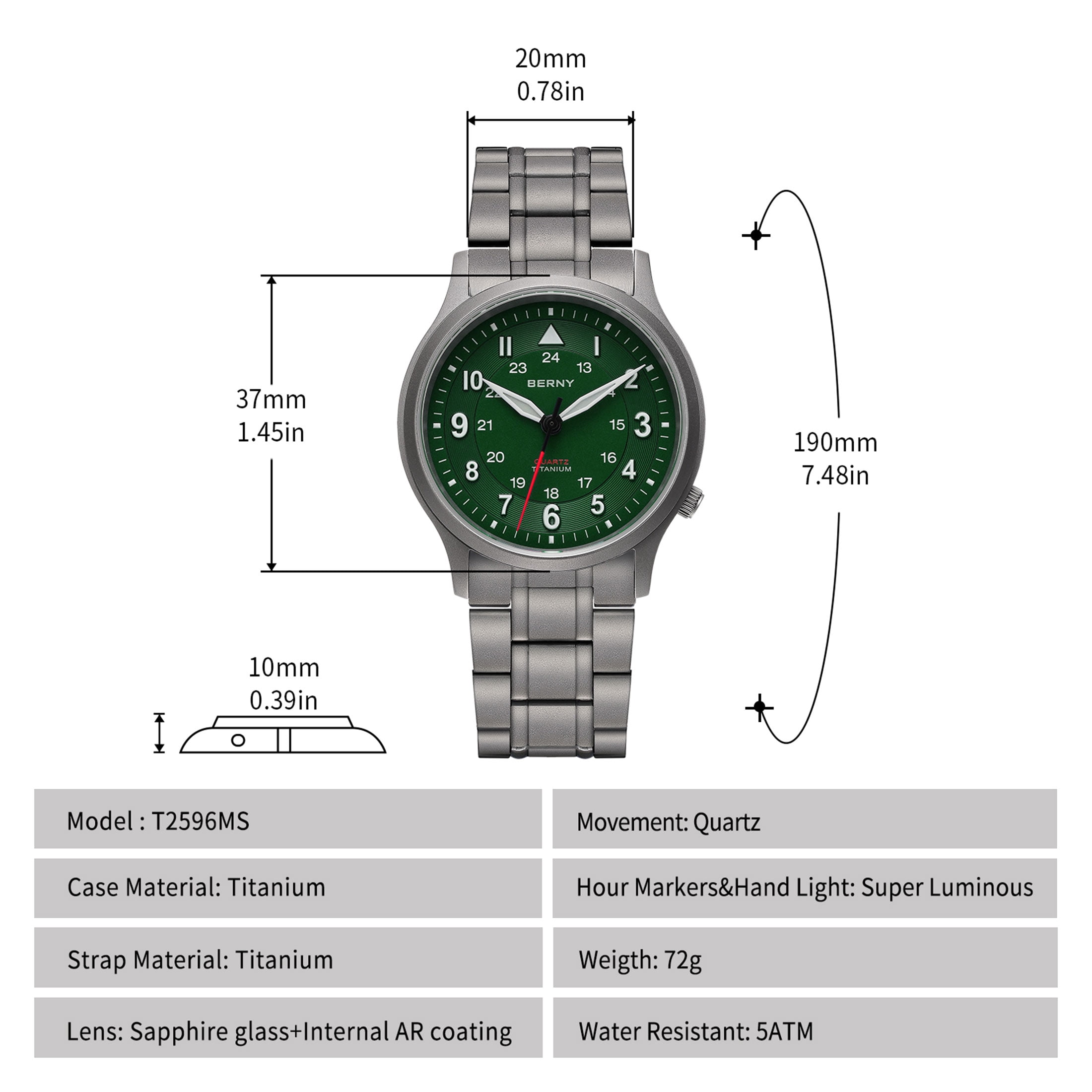 BERNY Titanium Watches for Men, Japanese Quartz Movement Men's Field Watch, 5ATM Waterproof Military Wristwatch for Men, Analog Sport Watches with Super Luminous, Green