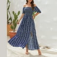 thumbnail image 4 of Usmixi Formal Dresses for Women Short Sleeve Square Neck Striped Print Summer Maxi Dresses Beach Holiday Elastic Waist Slit Party Dress Blue S Up to 65% off, 4 of 7