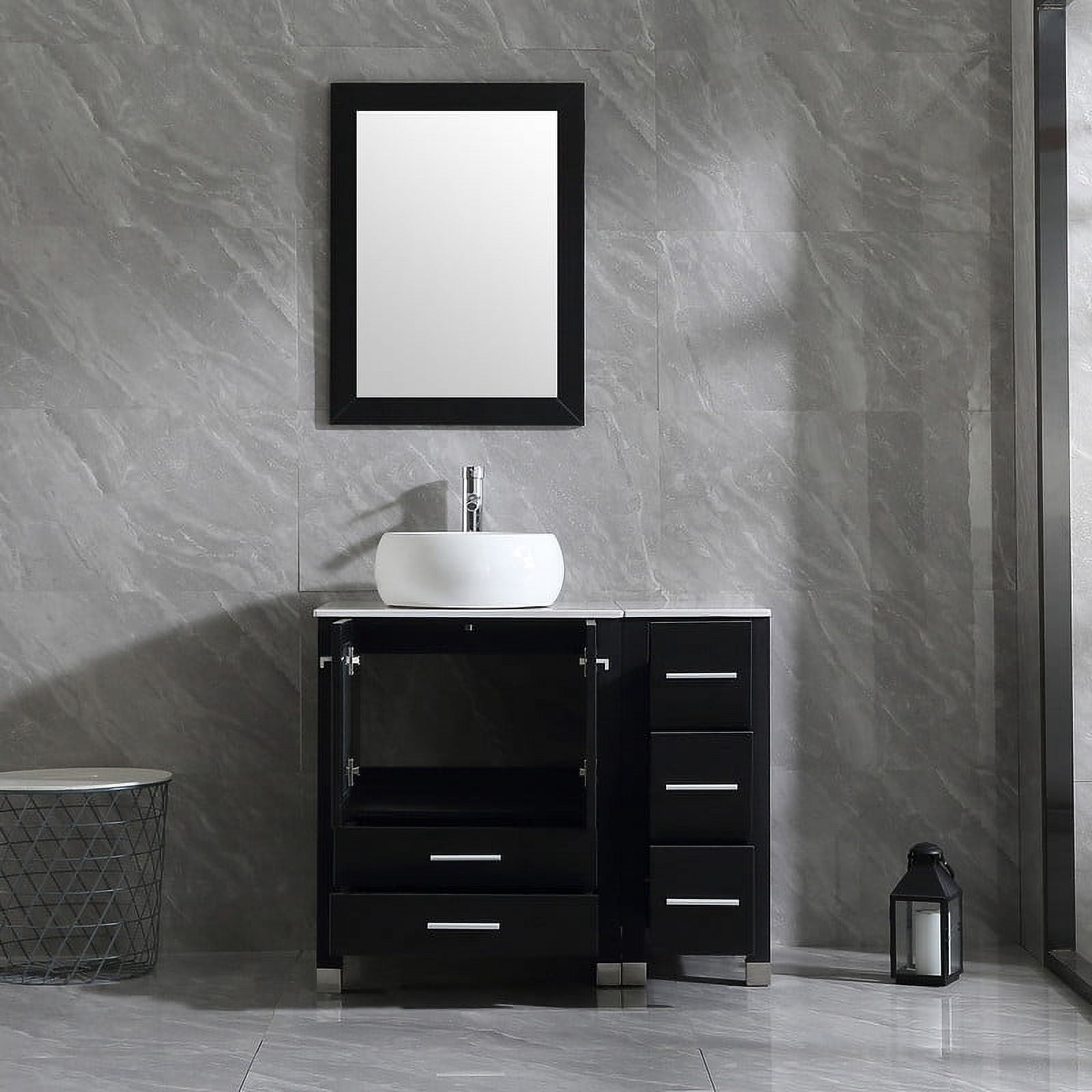 Wonline 36" Luxurious Bathroom Vanity and Sink Combo Wood Cabinet Top Round Ceramic Vessel Sink Faucet Drain Combo with Mirror Vanities Set,Black