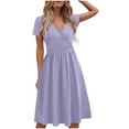 thumbnail image 5 of Umbreon Purple Summer Dresses for Women Short Sleeve V Neck Midi Dress Pleated Solid Color Causal Loose Beach Vacation Dresse, 5 of 6