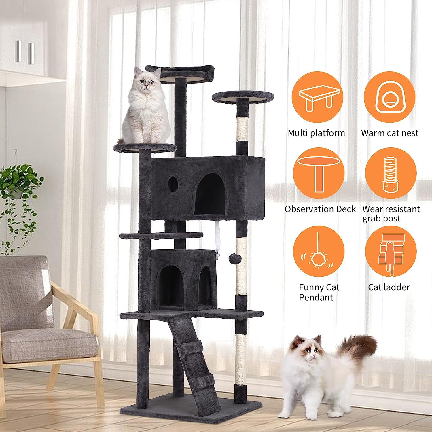 Dkelincs 70"H Large Multilevel Cat Tree, Double Condo Cat Tower with Scratching Post Tower & 3 Top Perches, Dark Gray