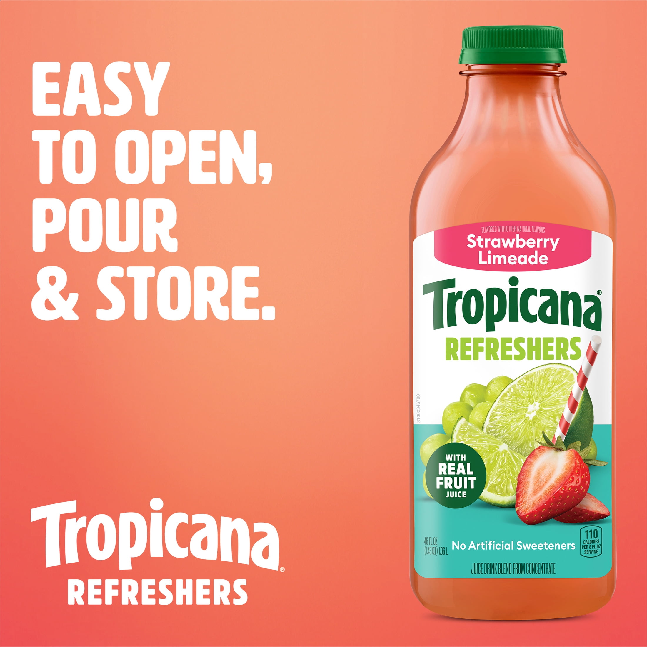 Tropicana Refreshers Strawberry Limeade, with Real Fruit Juice, 46 fl oz Bottle