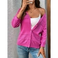 thumbnail image 6 of Womens Summer Cropped Cardigan 3/4 Sleeve Button Up Thin Crochet Knit Shrug Sweater Rose Red M, 6 of 7