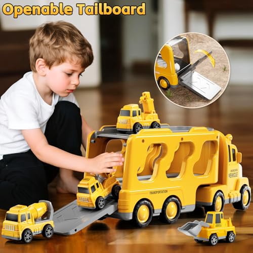 Construction Trucks Toys for 2 3 4 5 Years Old Boys - 5-in-1 Carrier Transport Vehicle Truck for Toddlers 2-4 Years with Crane,Mixer,Pushdozer and Excavator,Car Toys Birthdays Gift