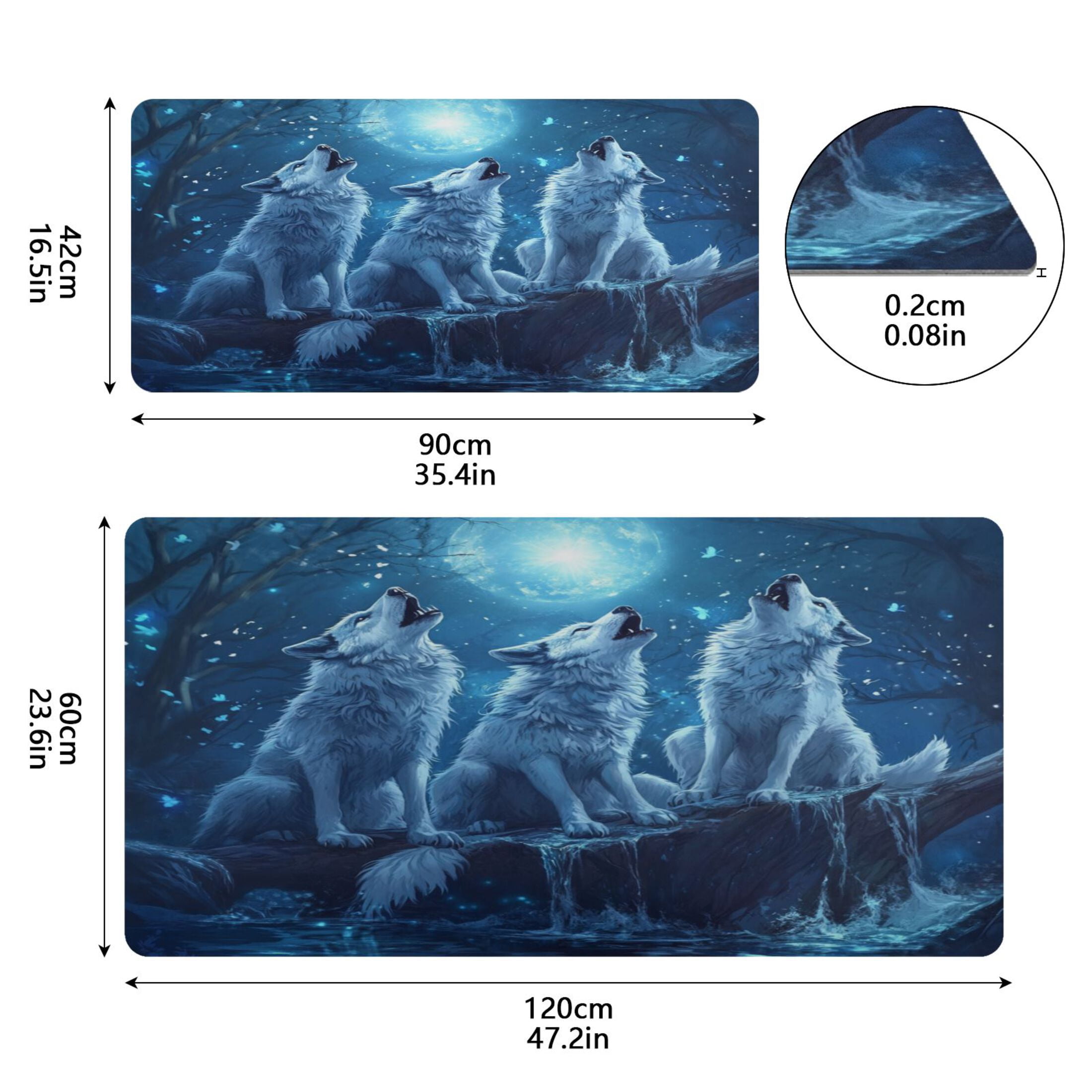 Leather Keyboard and Mouse Desk Mat Office Desk Accessories Protective Office Desk Decor Desk Pad Mat for Gaming, Work from Home, Office Three Blue Wolves 16.5" x 35.4"
