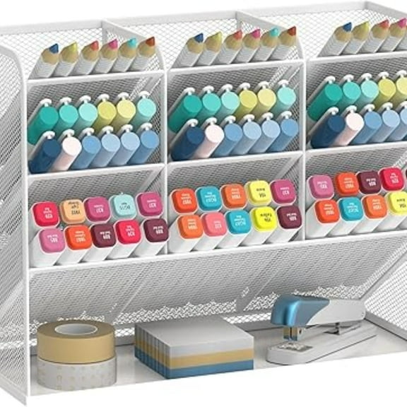 INTIGE Mesh Desk Organizer, Desktop Stationary Pen Organizer, Storage Rack, White, 1 Piece