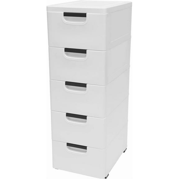 5 Tier White Plastic Storage Cabinet with 5 Drawer Vertical Clothes Storage Cabinet with Wheels Storage Cabinet for Bedroom 15.8" D x 11.8" W x 33.1" H