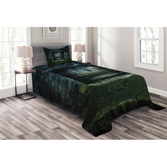 Ambesonne Gothic Quilted Bedspread Set 2 Pcs, Dark Haunted Castle, Twin Size, Green Grey