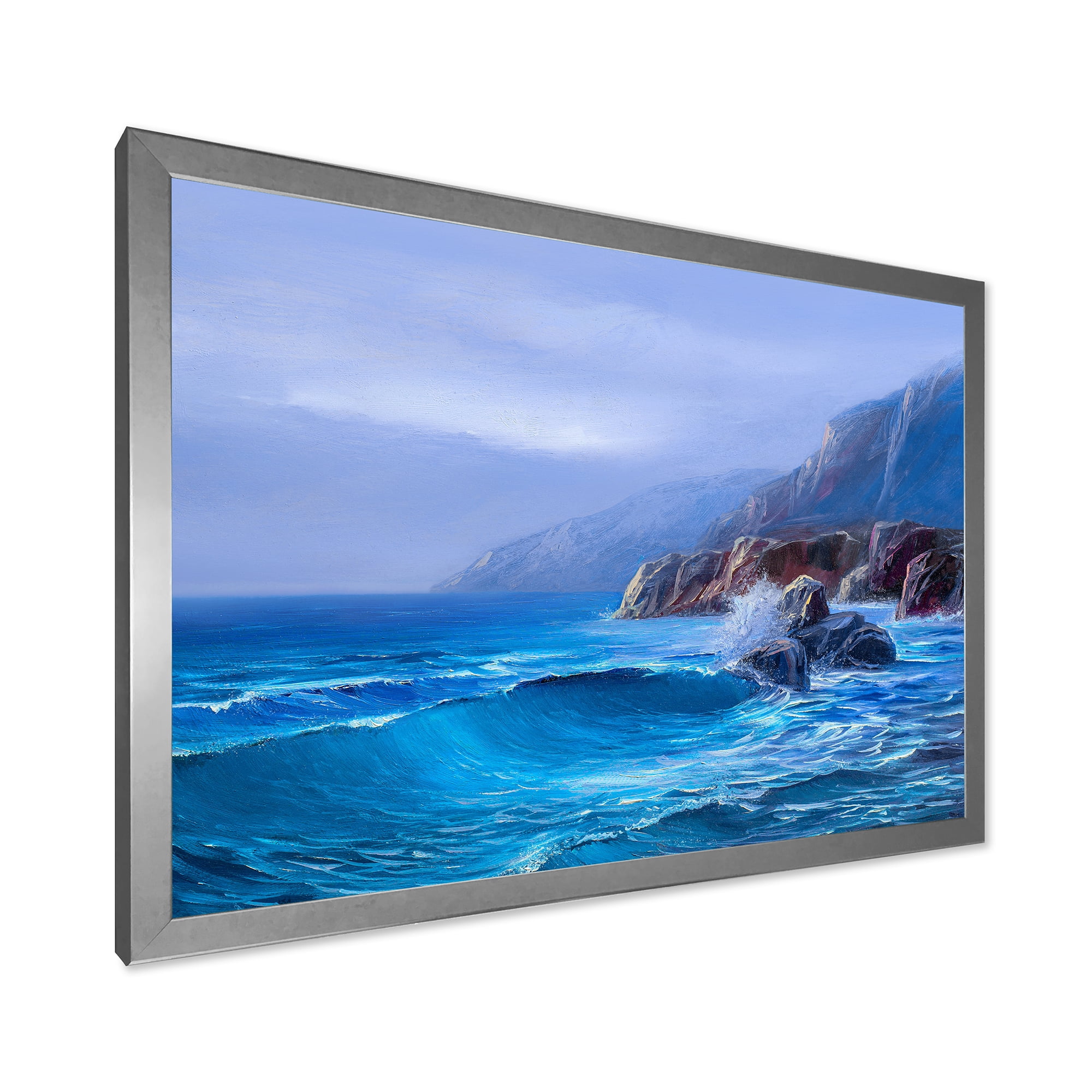Sunrise Glow On Sea Wave Paints On A Canvas 32 in x 24 in Framed Painting Canvas Art Print, by Designart