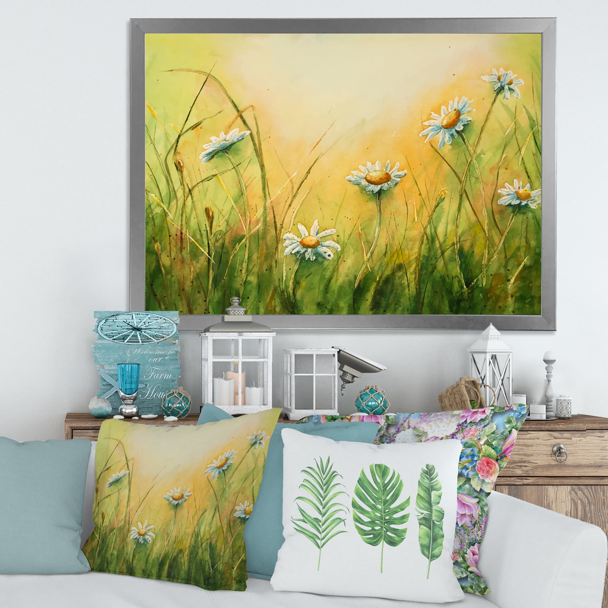 Designart 'Sunset Field With Herbs and Chamomiles' Traditional Framed Art Print