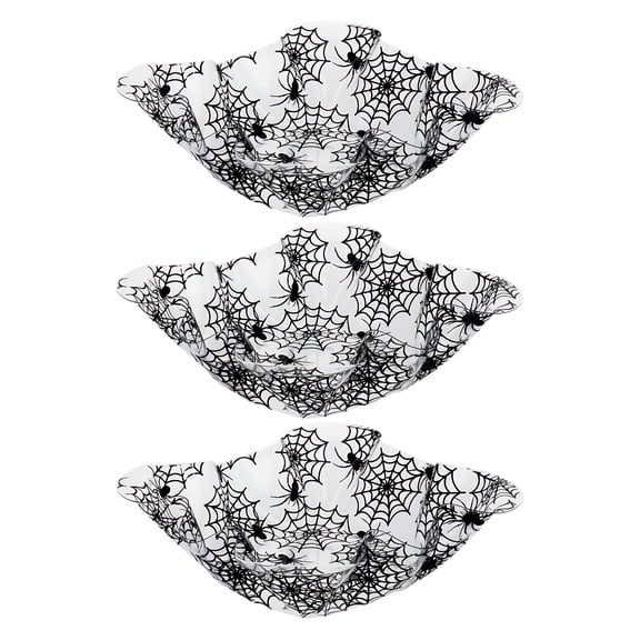(3) White Spiderweb Halloween Novelty Plastic Ruffle Serving Bowls 10.5in Home Kitchen Party Favor Treats Snack Dish Containers Candy Holders Fruit Trays Tableware Decoration
