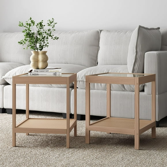 Nathan James Hayes Bohemian Glass End Table, Solid Wood Side Table, Raw Oak Set of 2