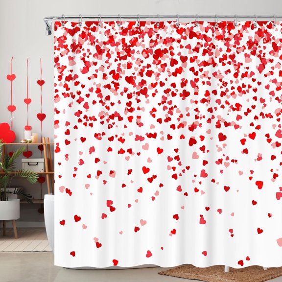 Valentines Day Shower Curtain, Romantic Falling Red Heart Valentine''s Day Shower Curtain for Bathroom, Valentines Day Lovers Bathroom Accessories 72"X72" with Hooks Fabric Waterproof Shower Curtain