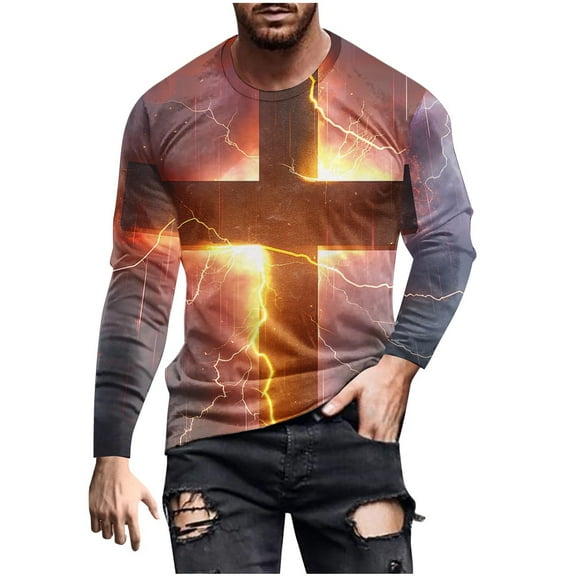 Miluxas Christian Shirts for Men - Jesus Cross Print Faith Long Sleeve Casual Tops Crew Neck Slim Fit Vintage Graphic Tee Shirt Multicolor