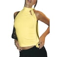 thumbnail image 3 of Womens Summer Sleeveless Halter Neck Open Back Tie Up Slim Fit Crop T Shirt Top Light Yellow L, 3 of 10