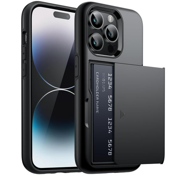 JETech Wallet Case for iPhone 14 Pro 6.1-Inch with Card Holder, Dual Layer Shockproof Protective Phone Cover, Sliding Hidden Slot (Black)