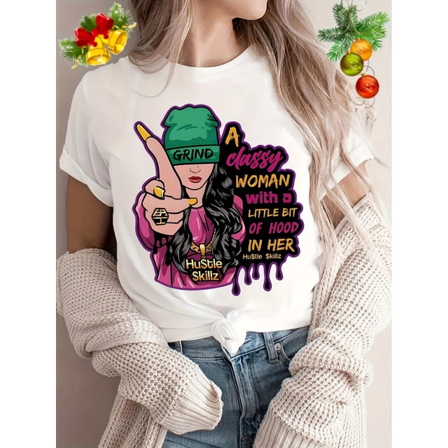 1pc Vintage Geometric-Patterned T-Shirt for Women, Polyester Knit Fabric, Crew Neck, Regular Length, Casual Printed Top for Summer