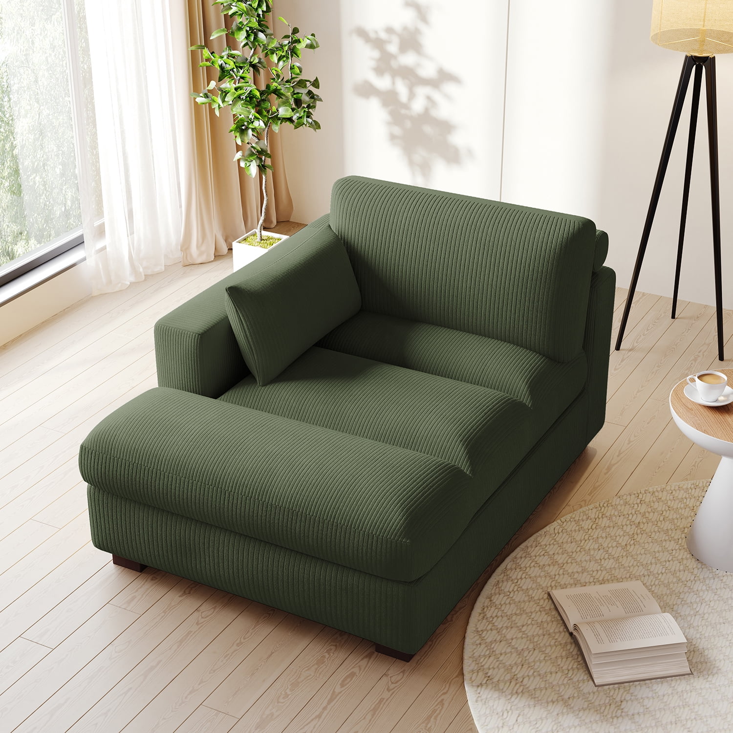 UIXE Chaise Lounge Indoor Upholstered Corduroy Sofa with Right Armrest for Living Room Bedroom, Green