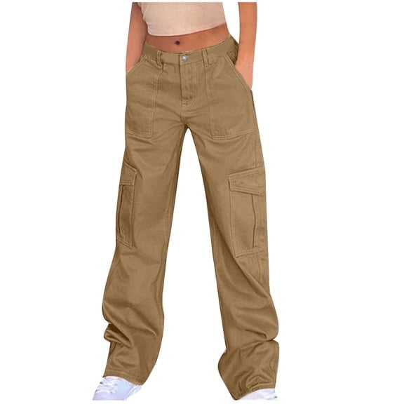 MELDVDIB Womens Jeans Cargo Pants Wide Leg Baggy Button Waist Hiking Pant Fashion Casual Solid Color Lounge Trousers with Pockets Khaki 2XL