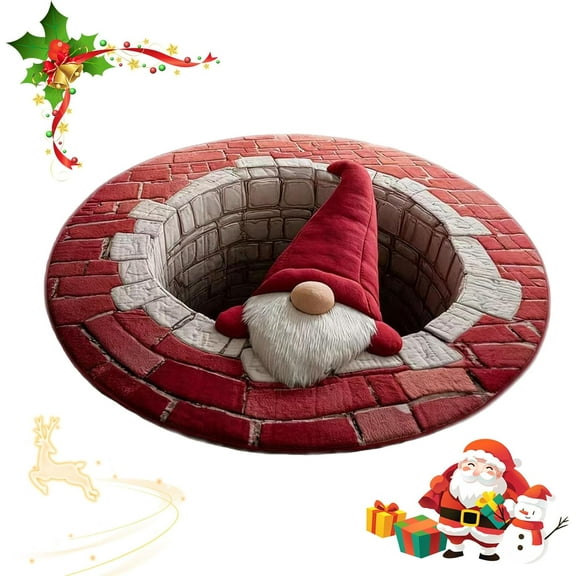 Christmas 3D Rug – Christmas Optical Illusion Rugs, Santa Claus Quilted Round Mat, Non-Slip Xmas Gnome Door Mat, Soft Durable for Living Room Holiday Decor (80cm/31in-b)