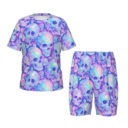 Luyuia Blue Skull Daisy Print Girls  2-Piece Tie-Dye Pajama Set  Cute Summer Loungewear with Shirt and Tank Shorts Nightwear-4X-Large