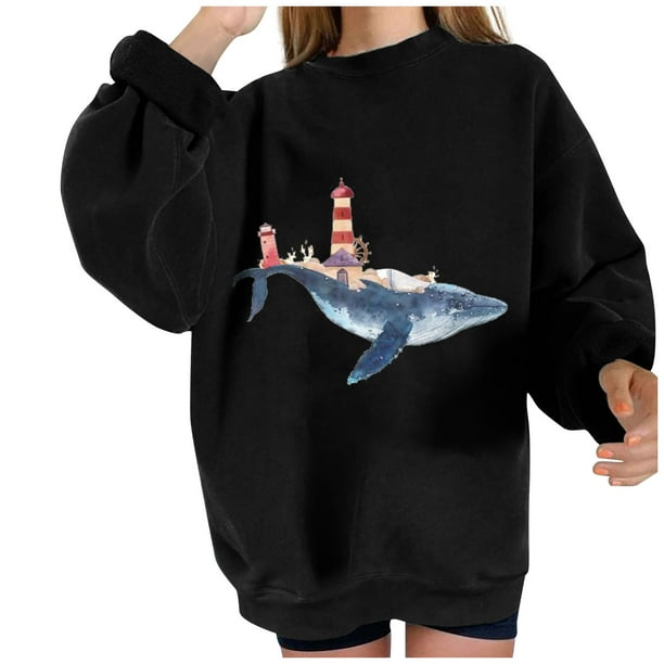 Sudadera extragrande de lana de manga larga con cuello redondo y estampado de océano salvaje para mujer Fridja fhghd228