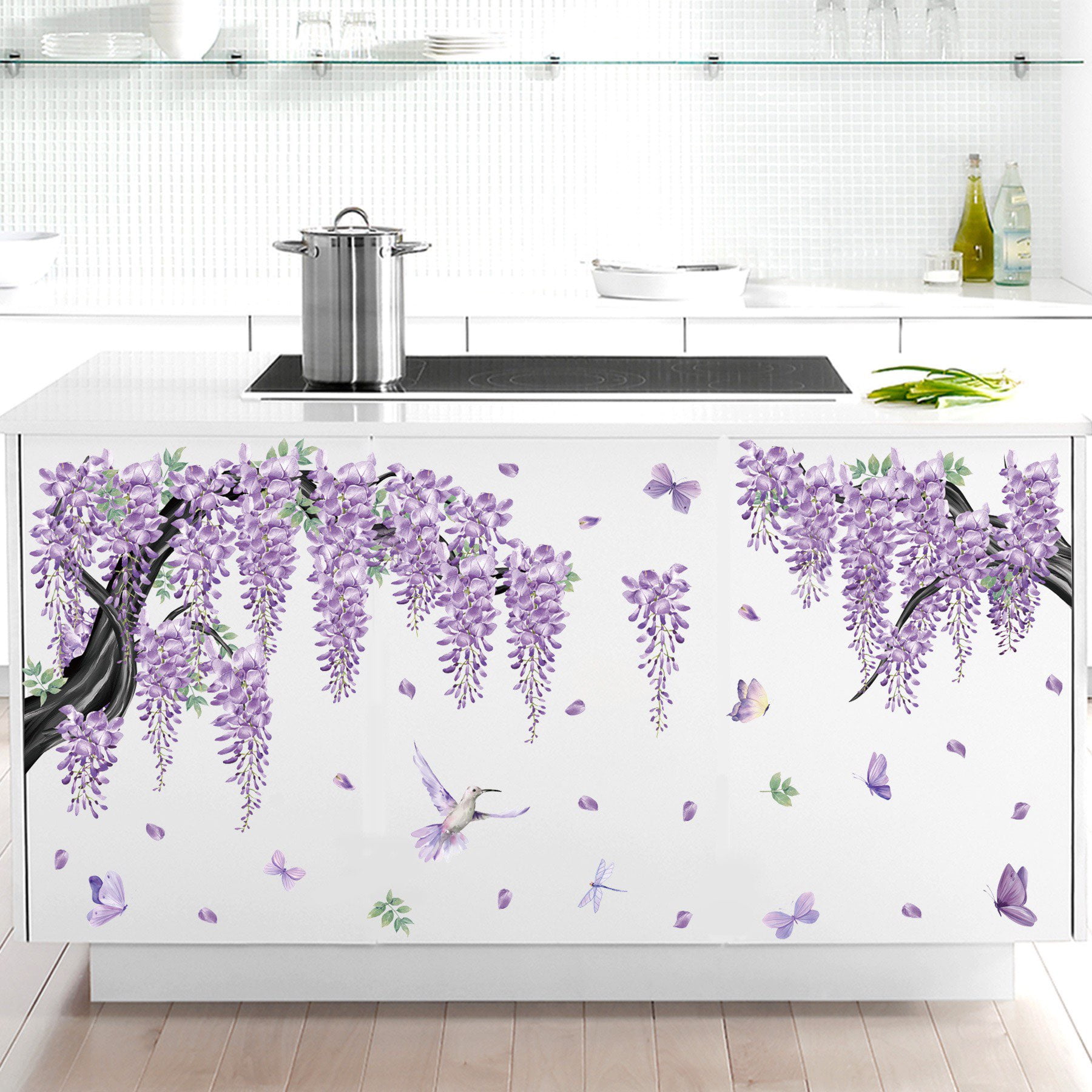 Large Cherry Blossom Tree Wall Stickers,4 Sheets Spring Purple Flower Bird Wall Decals Peel and Stick Waterproof Wall Murals Decor for Living Room Bedroom