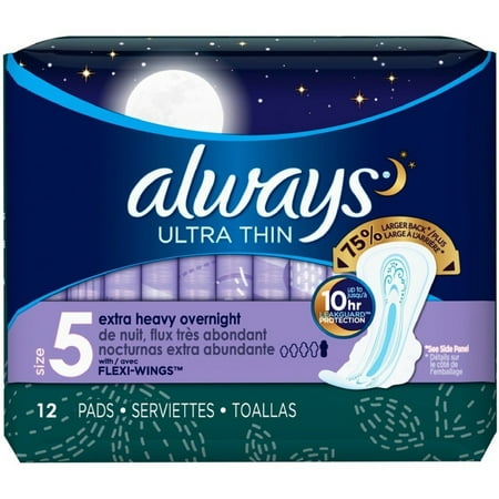 Always Ultra Thin Pads Unscented with Wings  Extra Heavy Overnight Absorbency  Size 5  -12 Ct
