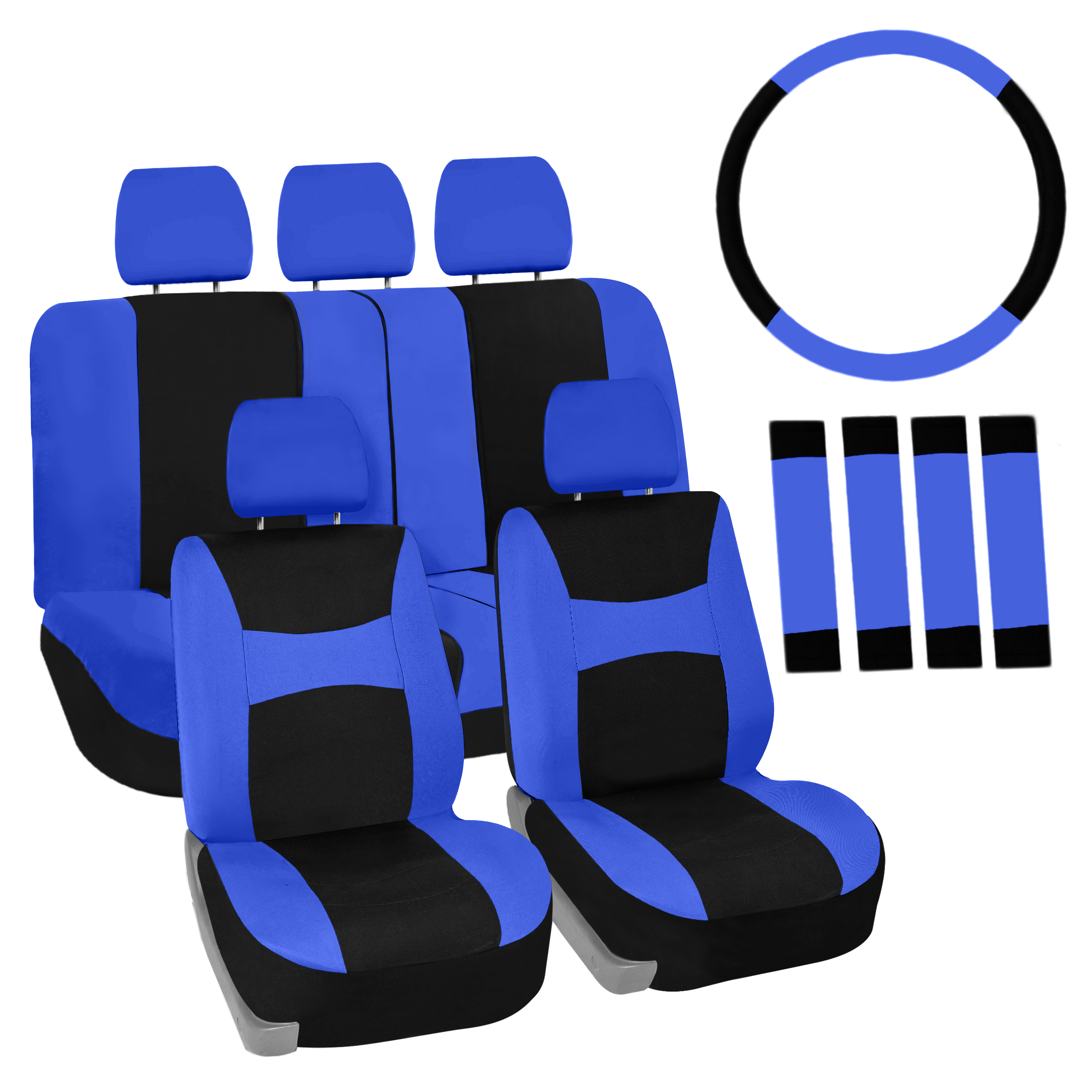 FH Group 3 rows Cloth Car Seat Covers for SUV, Sedan, Van Full Set - Universal Fit Automotive Seat Covers, Split Bench Rear Seat with Steering Wheel Cover, 4 Seatbelt Pads FB030217BLUEBLACK-COMBO - image 2 of 7