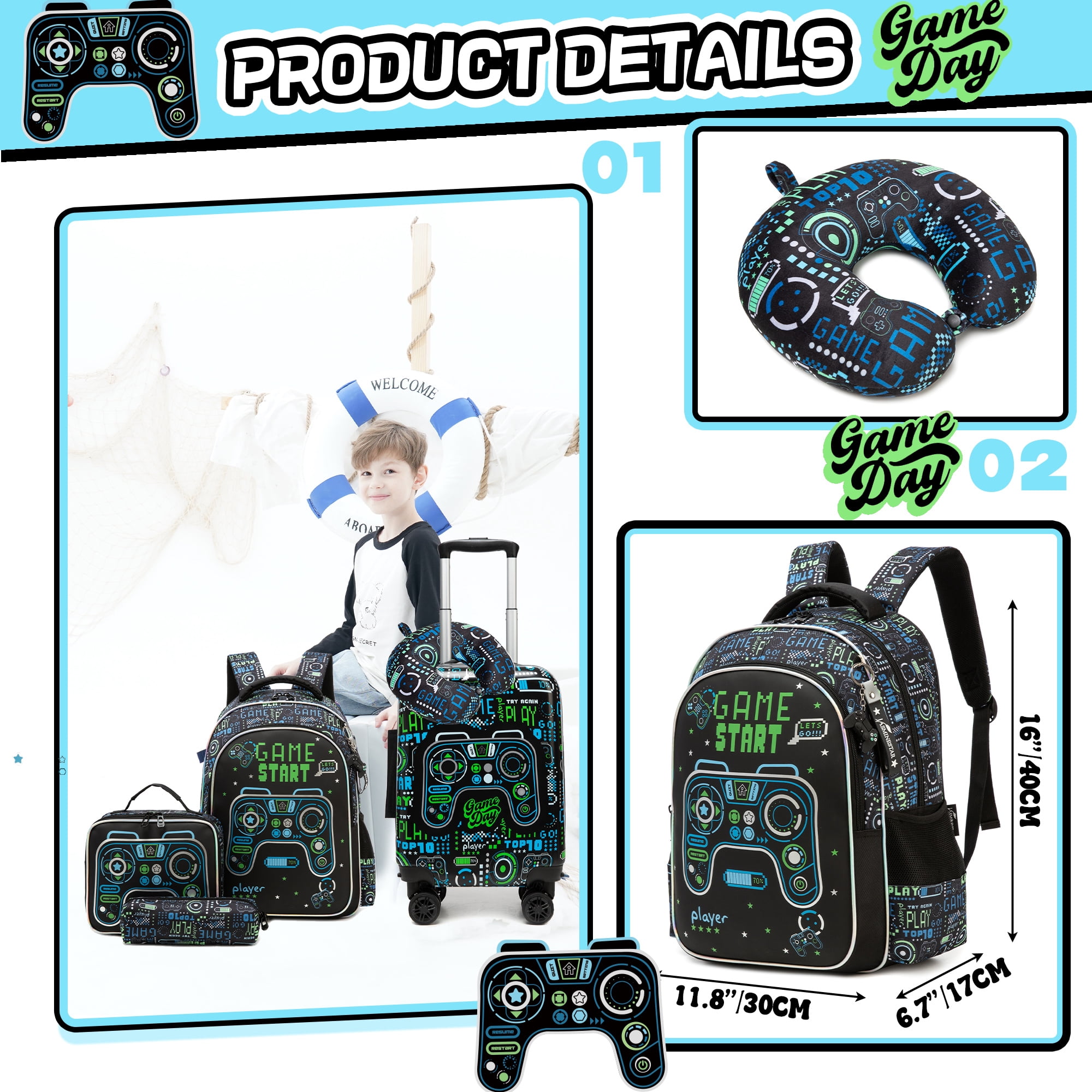 Kids Rolling Luggage Sets for Boys 5 Piece Suitcase Set with Travel Pillow Hardshell Suitcases with Wheels Airline Approved 16 inch