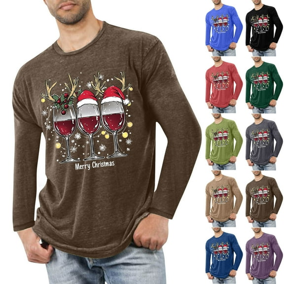 Brondbend Men Top Christmas Men Shirts Long Sleeved Crew Neck Fitness Homewear Print Fashion Blouse Regular Fit Vacation Clothes Army Green