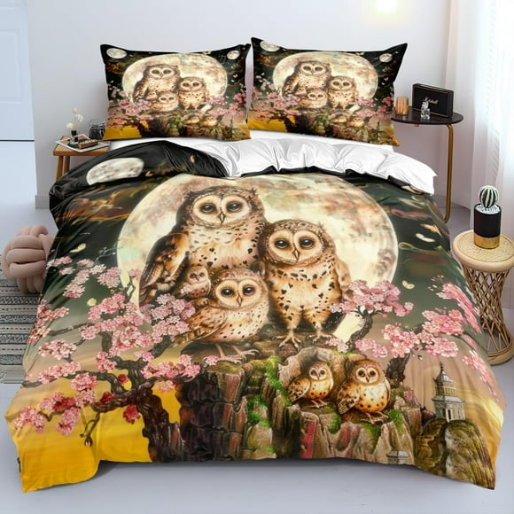 Búho Funda Nórdica Tamaño Completo Rosa Cereza Juego de Cama Pájaros Mariposa Juegos de Cama Lindo