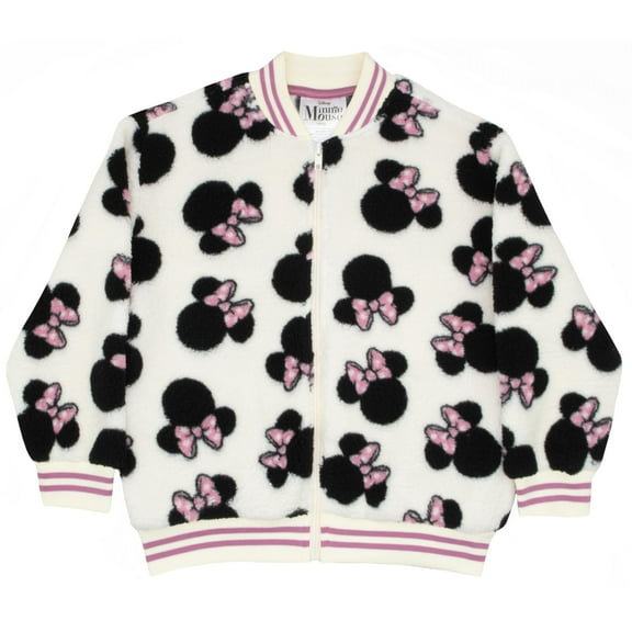 Disney Minnie Mouse Girl's Zip-Up Varsity Bomber Jacket - Casual Lightweight Coat with Minnie Mouse Design for Kids (Sizes 4-14)