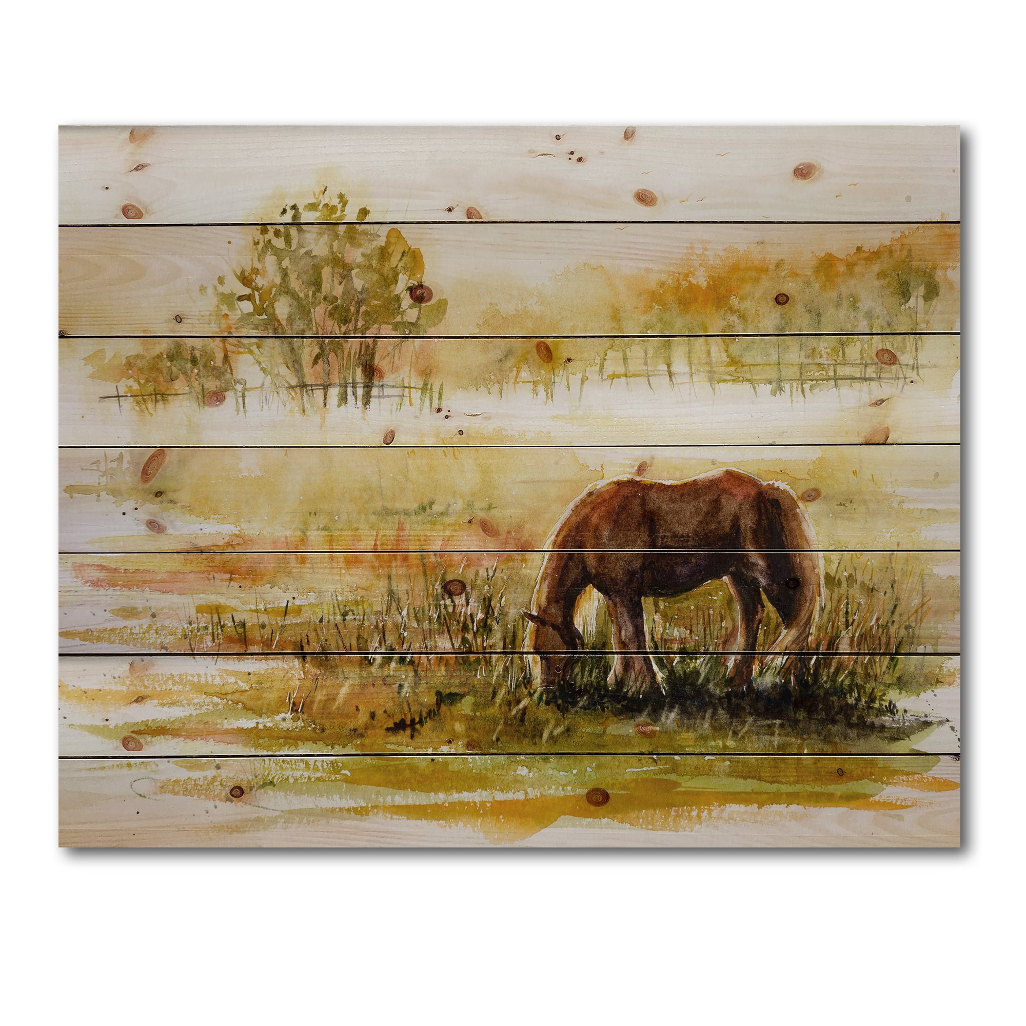 Designart 'Horse Eating Grass On A Meadow' Farmhouse Print on Natural Pine Wood