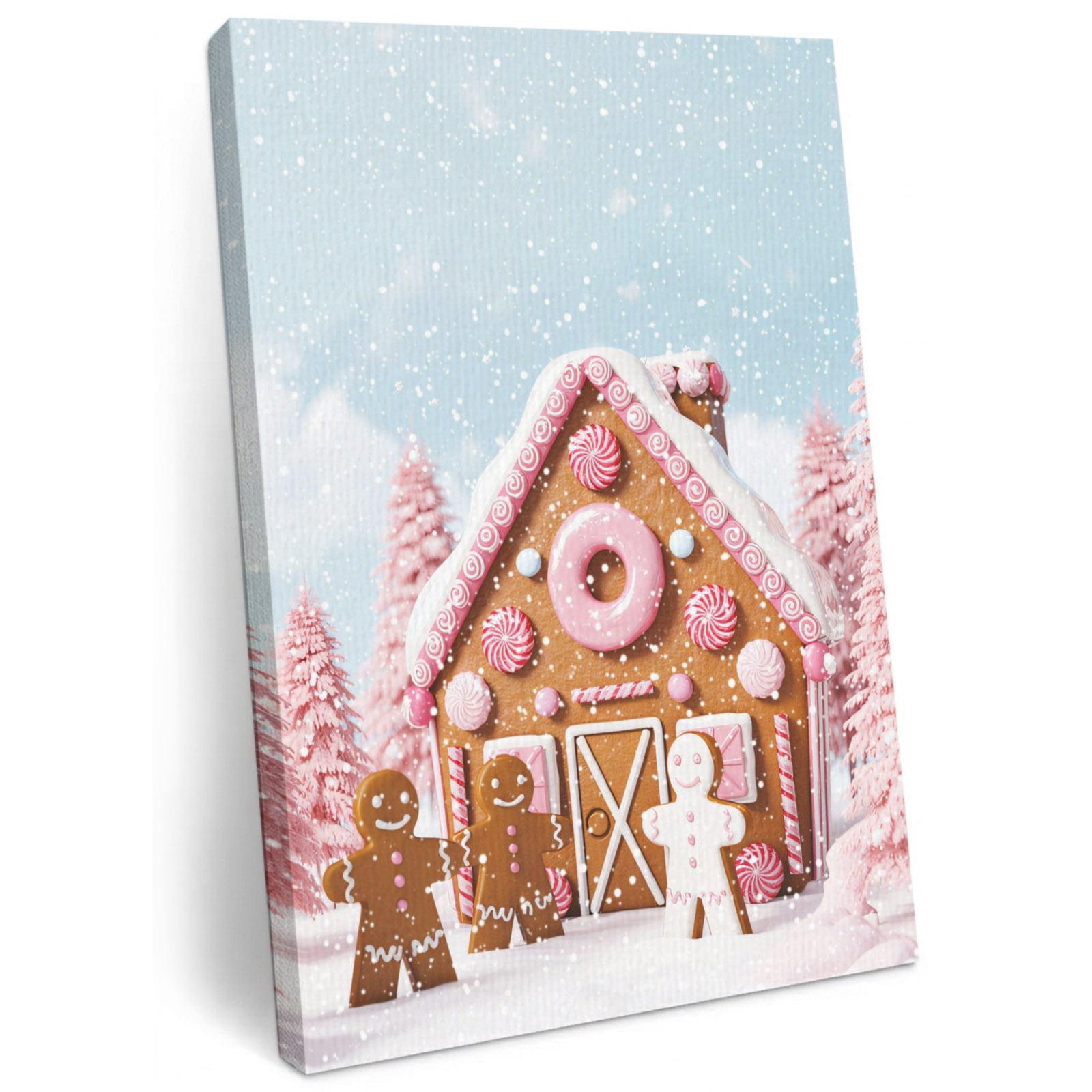 Pink Christmas Tree Canvas Wall Art for Living Room Xmas Ginger Bread Man House Snow Poster Print Painting for Sofa Area Villa Lobby Decoration Wall Pictures Prepare To Hang 24 x36