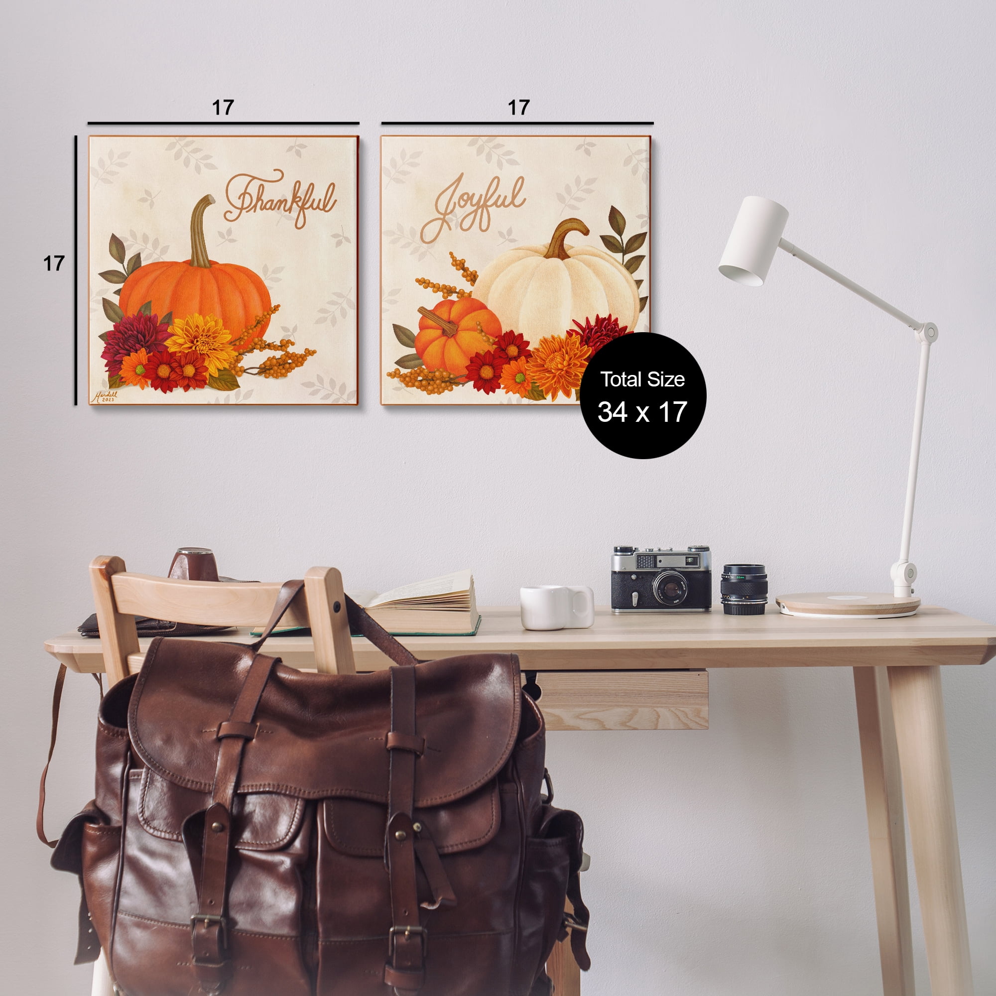 Stupell Industries Joyful Thankful Sentiment Pumpkin Holiday Painting Gallery Wrapped Canvas Art Prints Wall Art, 17 x 17, Set of 2